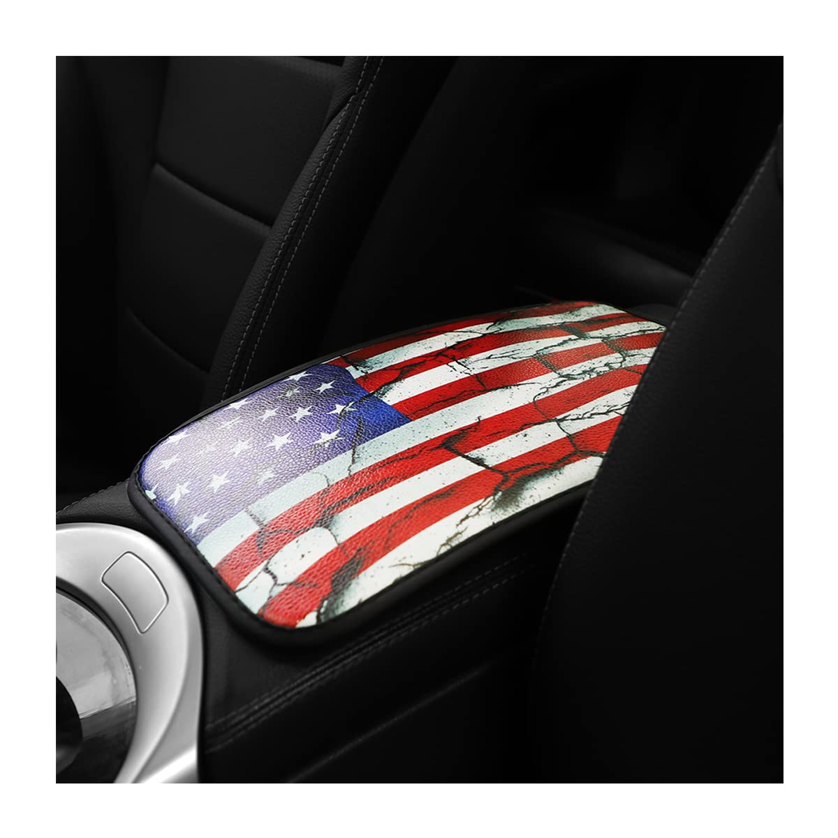 American Flag Car Center Console Pad, PU Leather Waterproof Armrest Cushion, Universal Vehicle Seat Box Cover Protector, Auto Patriotism Interior Decoration Accessories for SUV Truck (Style J)