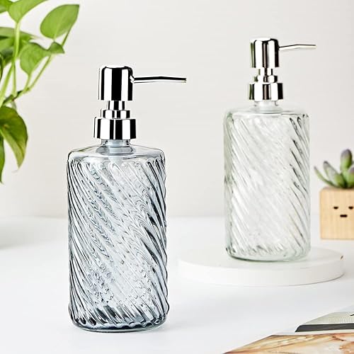 Miniatura 5 de Dispensador de jabón de vidrio de 16 onzas con bomba de agua de color plateado, diseño de diamante, dispensador de jabón de baño para jabón de