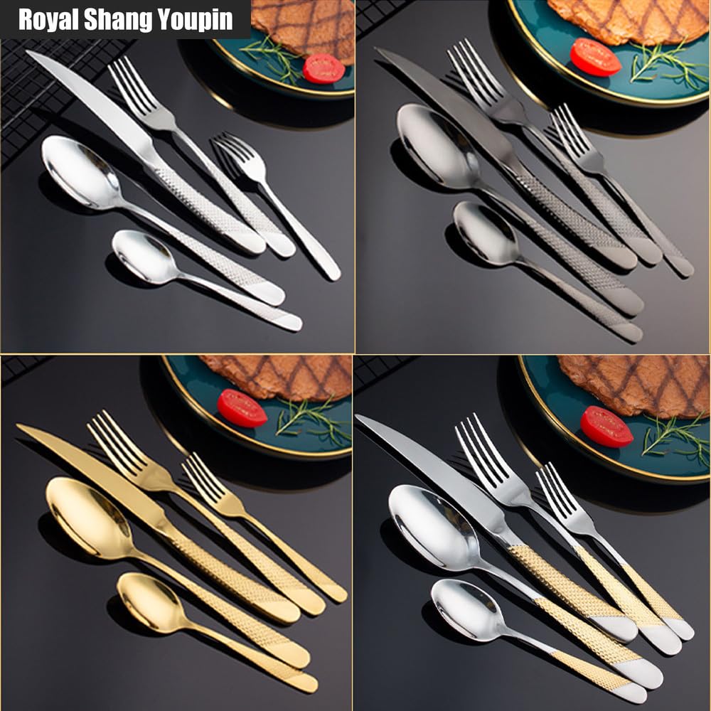 Stella Diamante Manico Cucina Acciaio Inossidabile Posate Stoviglie Posate Set Coltello Bistecca Forchetta Cucchiaio Cucchiaino (Oro rosa,20 pezzi)