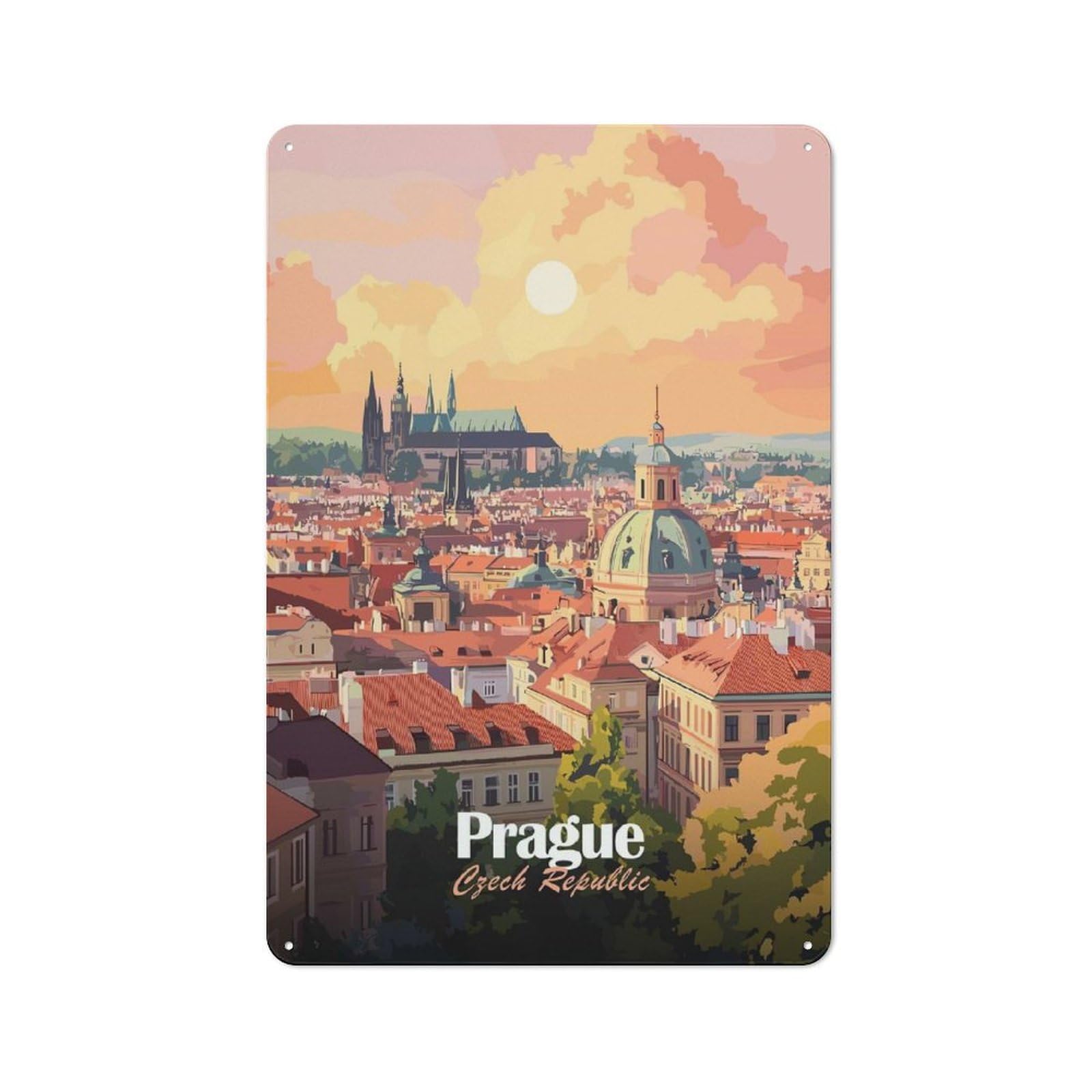 Junmoney Style-12 Vintage Decorative Tin Plaque 30X20cm Featuring Prague Cityscape Sunset, Home Wall Decor For Bedroom, Kitchen, Office Or Living Room