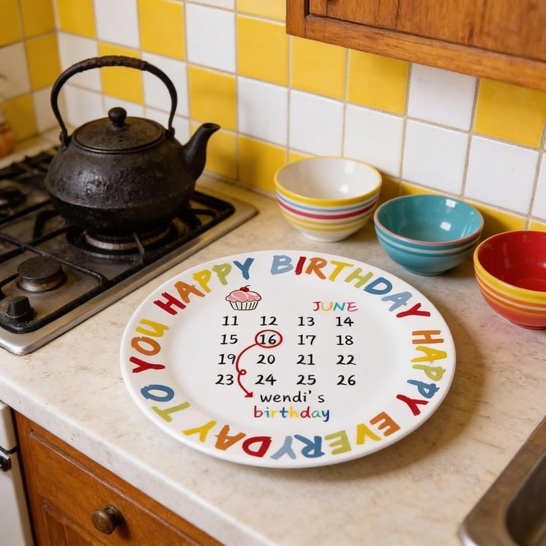 Custom Rainbow Birthday Calendar Plate - Personalized Name, Highlighted Date & Festive Design, Ceramic Birthday Dinnerware