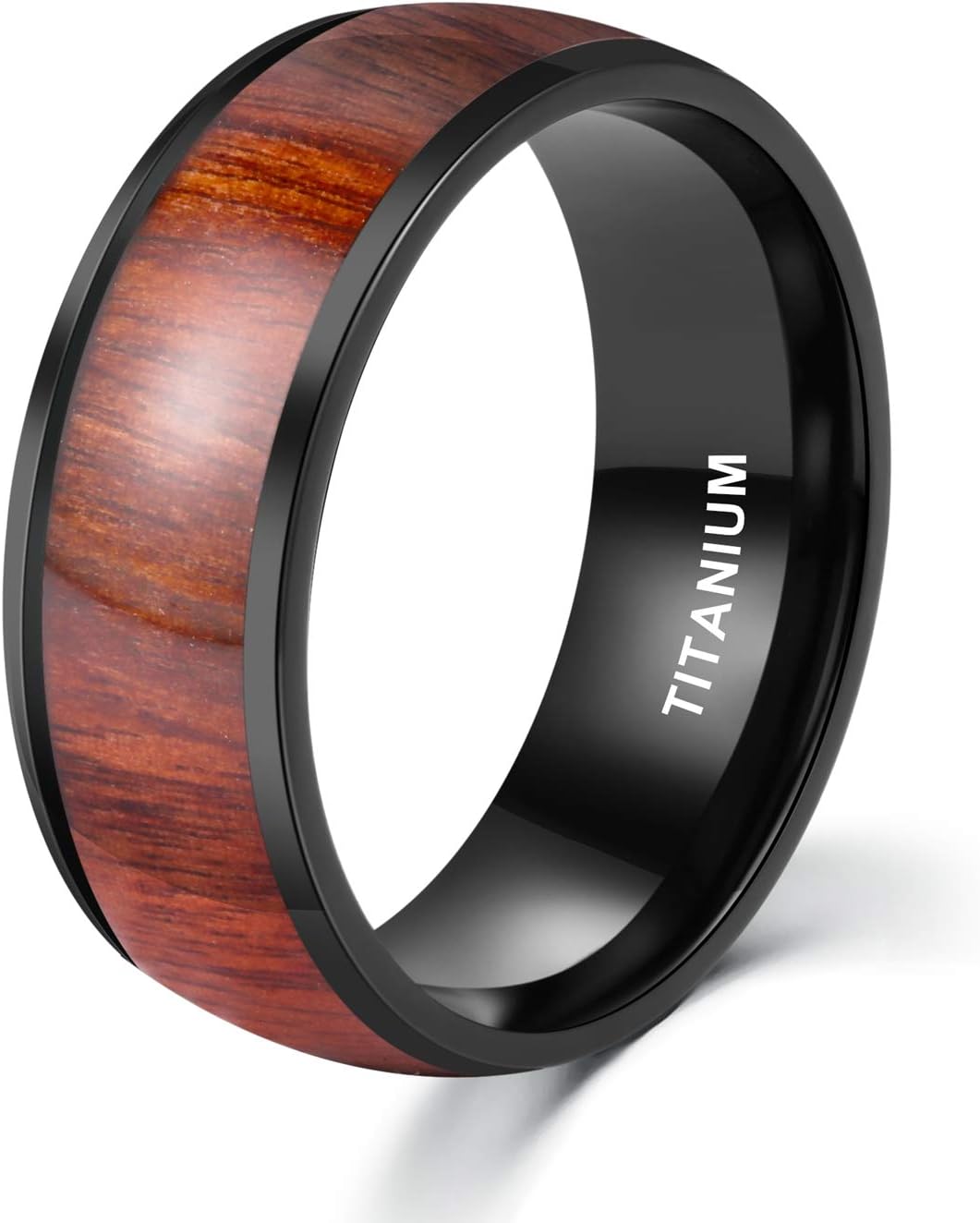 POYA 8mm Black Titanium Ring with Wood Inlay Domed Edges Comfort Fit Wedding Engagement Band (13.5)