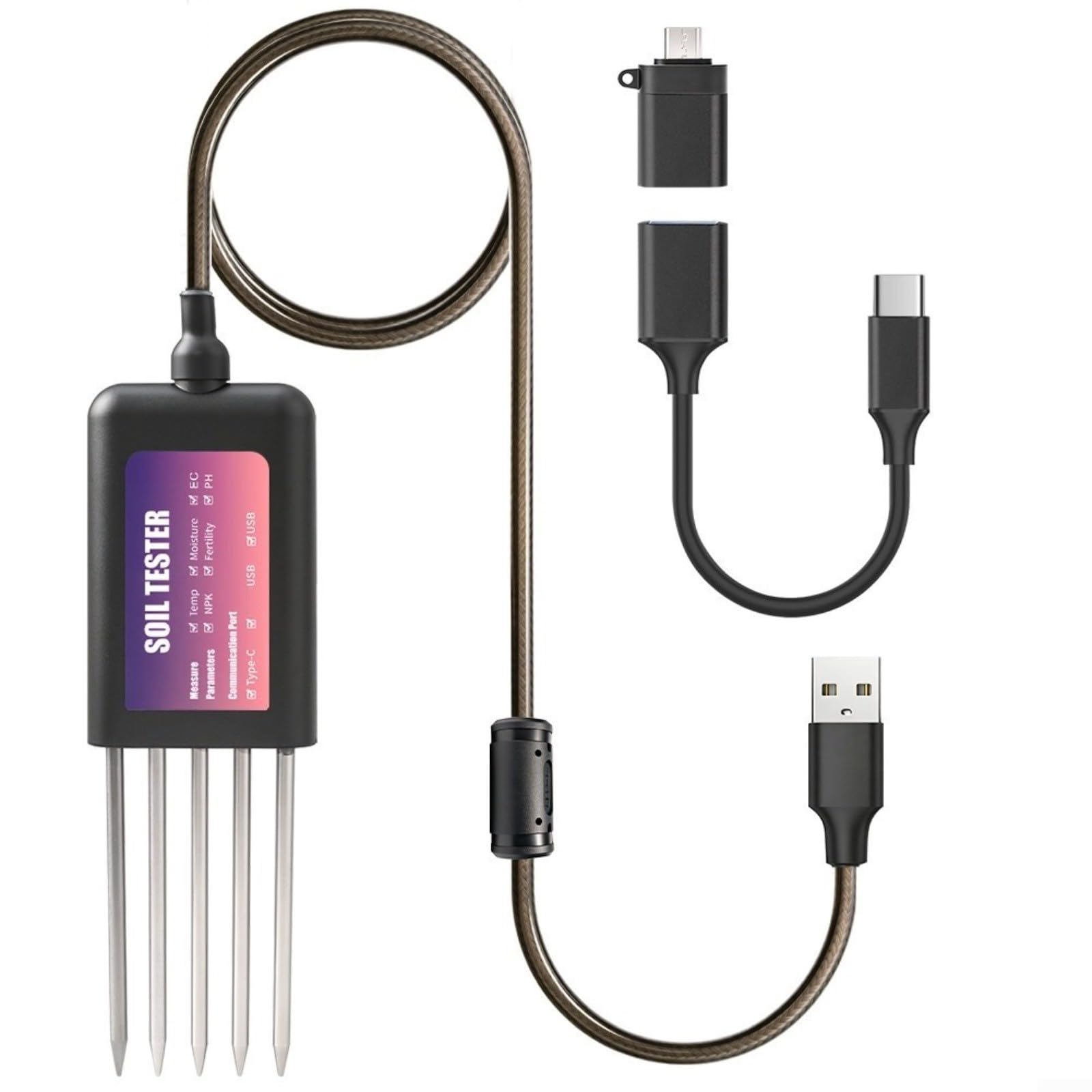1 paquete para probador inteligente de suelo NPK medidor de temperatura de humedad pH para monitoreo de granja de jardín datos en tiempo real IP68 impermeable negro