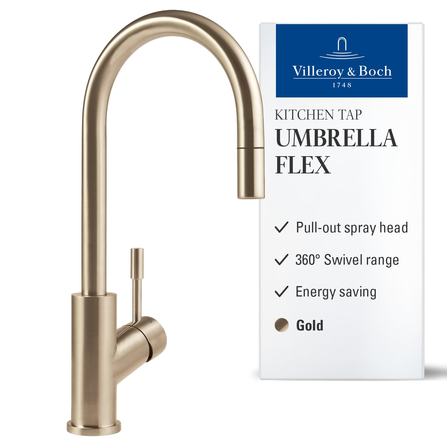 Villeroy & Boch Umbrella Flex grifería de cocina, alta presión, grifo de cocina con rociador extraíble y radio de giro de 360°, grifo de fregadero de bajo consumo, altura del caño 220 mm, dorado