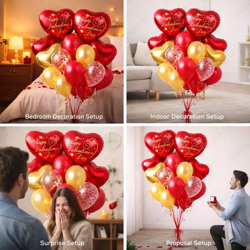 Image of AMFIN (Pack of 14) Happy Valentine's Day Balloon Decoration Set | Romantic Heart Foil Bouquet Metallic Helium Bunch Proposal Anniversary Celebration Party Decor - Red Mehroon