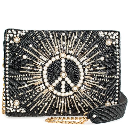 Mary Frances Choose Peace Beaded Crossbody Handbag – Pearl Symbol Evening Clutch Purse with Removable Strap, Multicolor