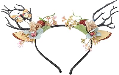 minkissy Deer Antler Flower Headband Christmas Reindeer Antlers Headband Antler Flower Corwn for Costume Cosplay Party Black