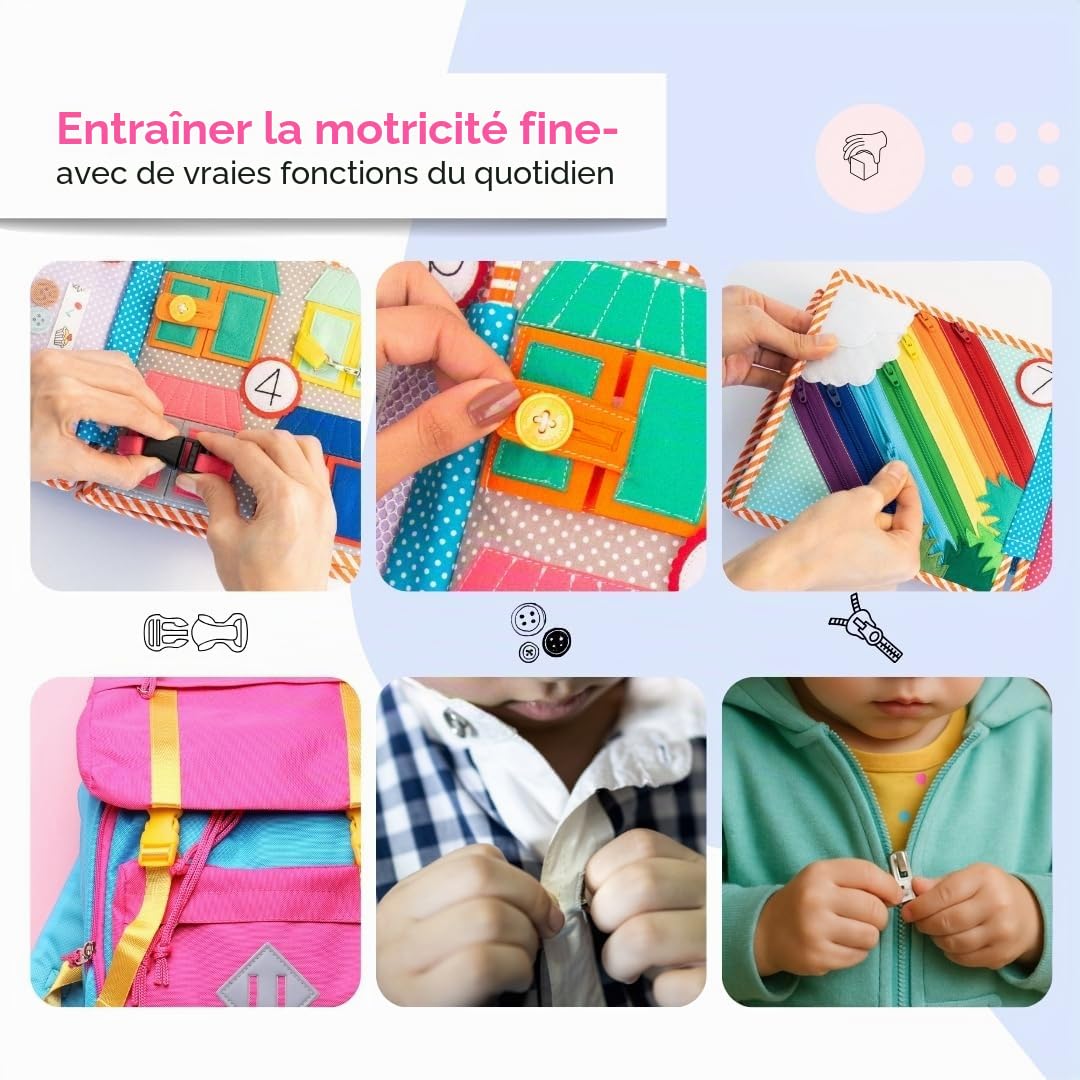 Jolly Designs 1, 2, 3 - 10 pages Premium - Quiet Book - Jouet Montessori à partir de 3 ans - Favorise la motricité et les capteurs - Livre de feutre fait à la main - Jouet éducatif pour les