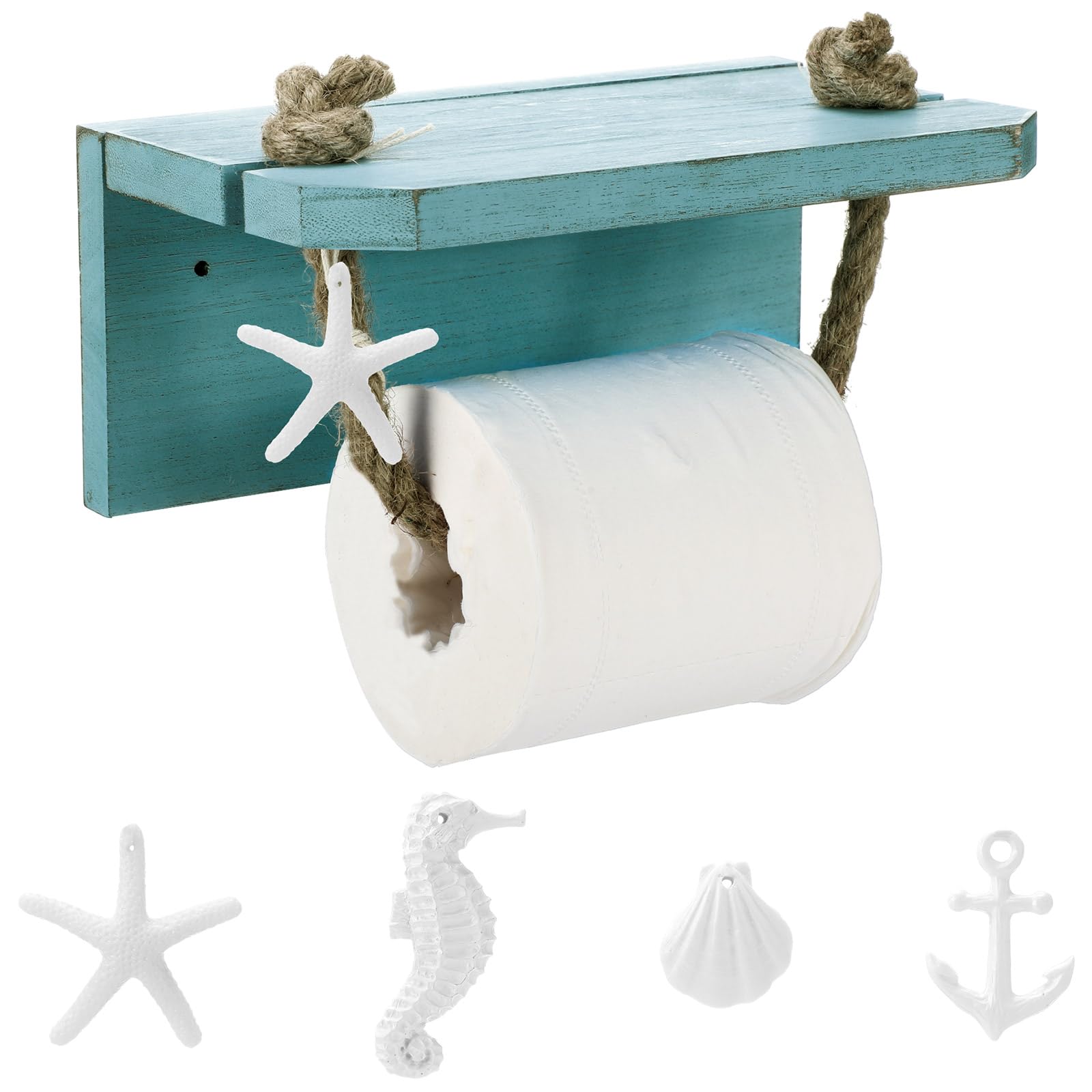 Nautical Rope Toilet Paper Holder with 4 Ocean Accessories, Classic, Blue — Amazon image 8