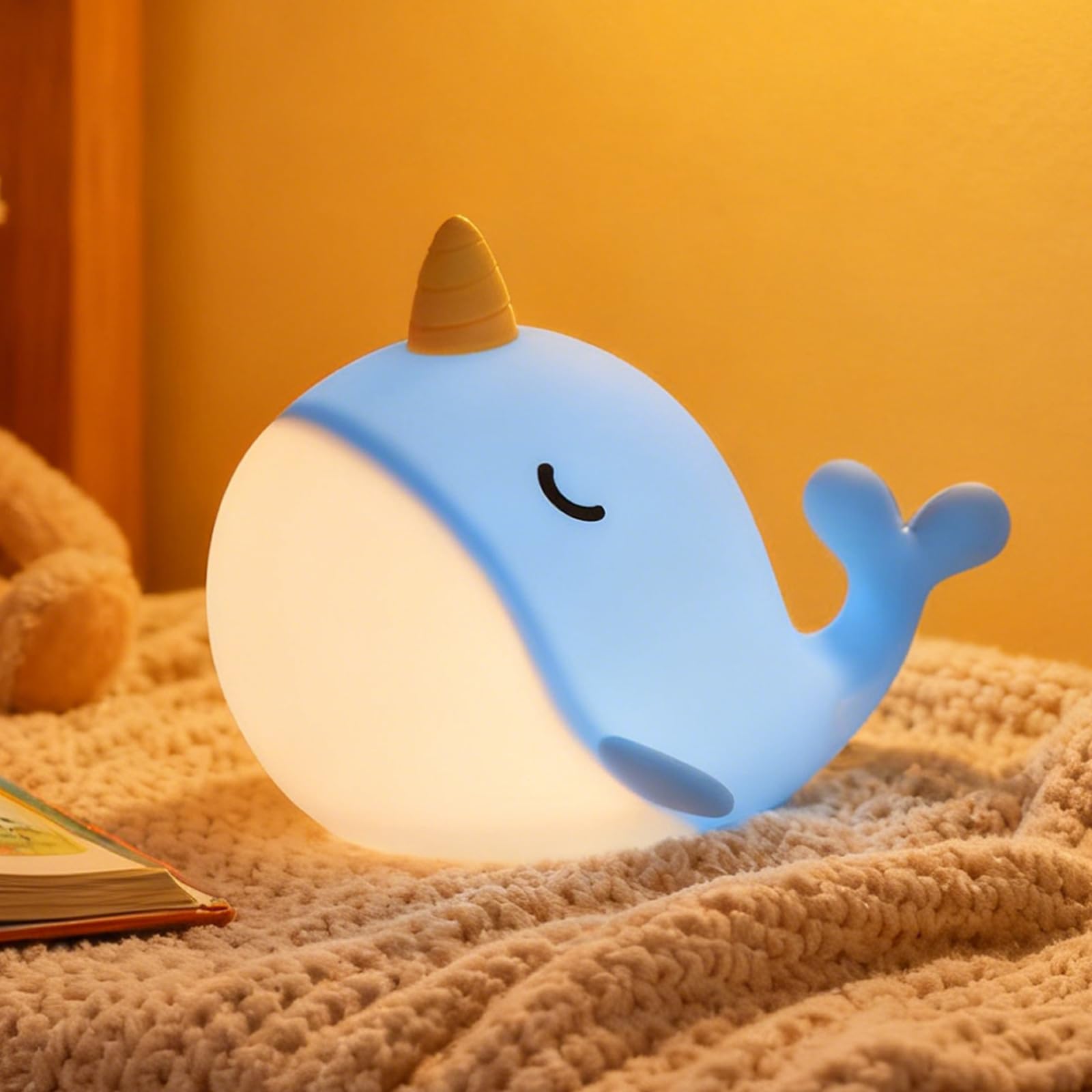 Gemmac Narwhal-Blue Narwhal Night Light, 7 Colour Changing Squishy Touch Cute Tap Animal Lamp, Usb Rechargeable Silicone Led Portable Night Lamp For Nursery Toddler Room Decor Birthday Gift