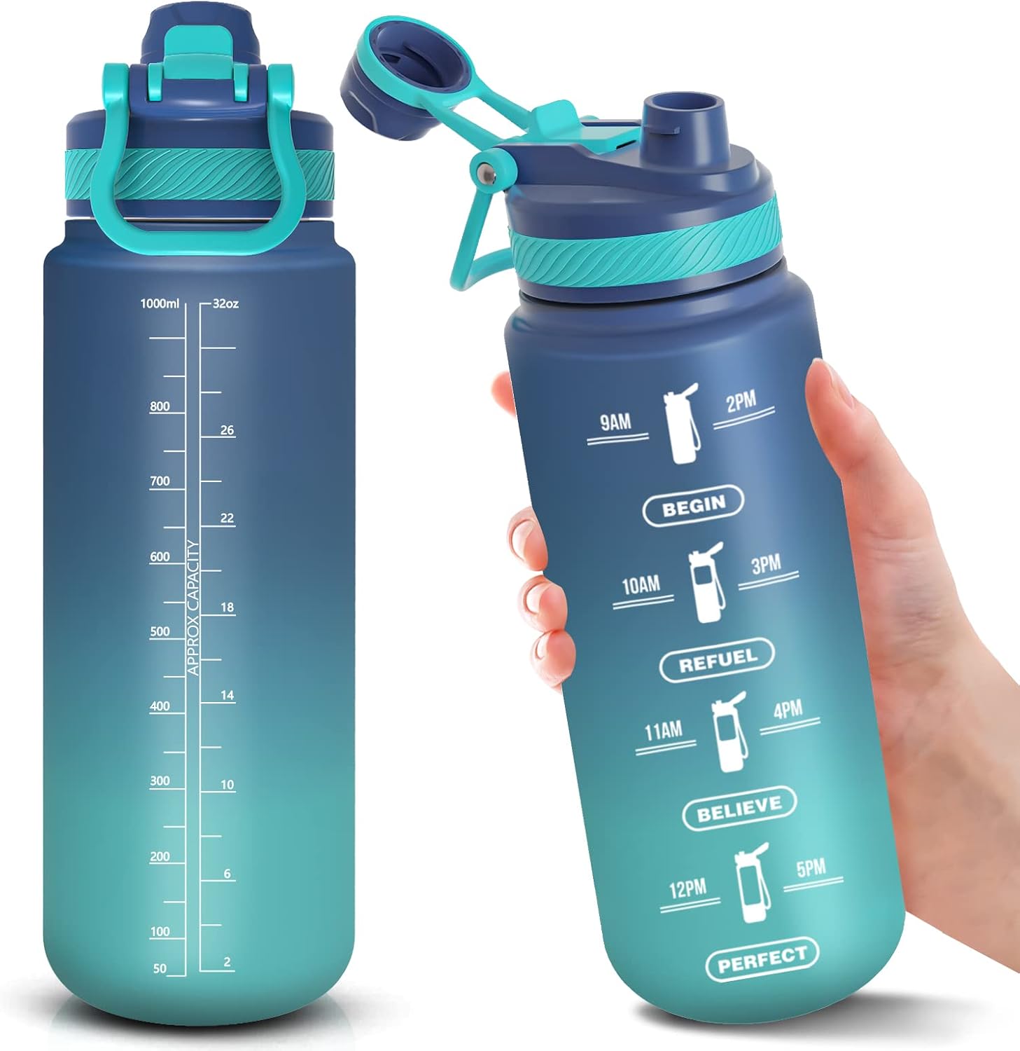 Borraccia 1L Con Cannucce E Indicatore Di Tempo – In Plastica Senza BPA, Con Tracolla, Antigoccia, Per Palestra, Ufficio E Scuola