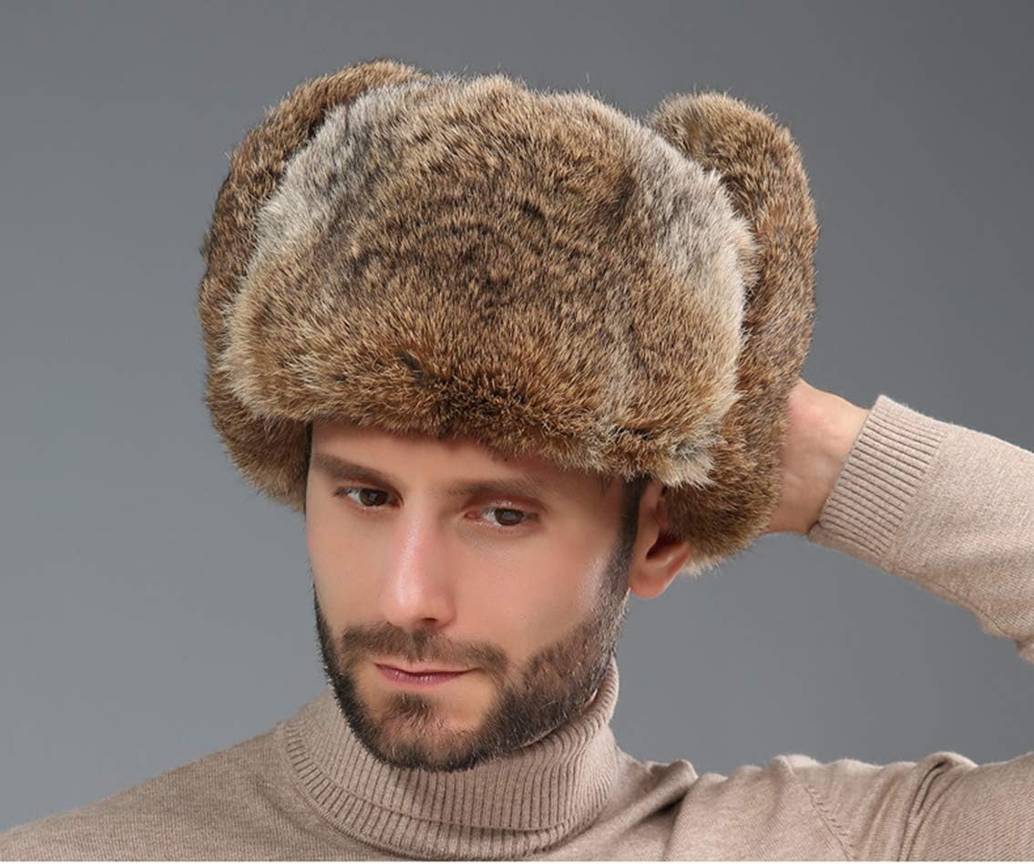 Men Genuine Rabbit Hair Russian Ushanka Winter Hats Trapper Hat Ear Flaps
