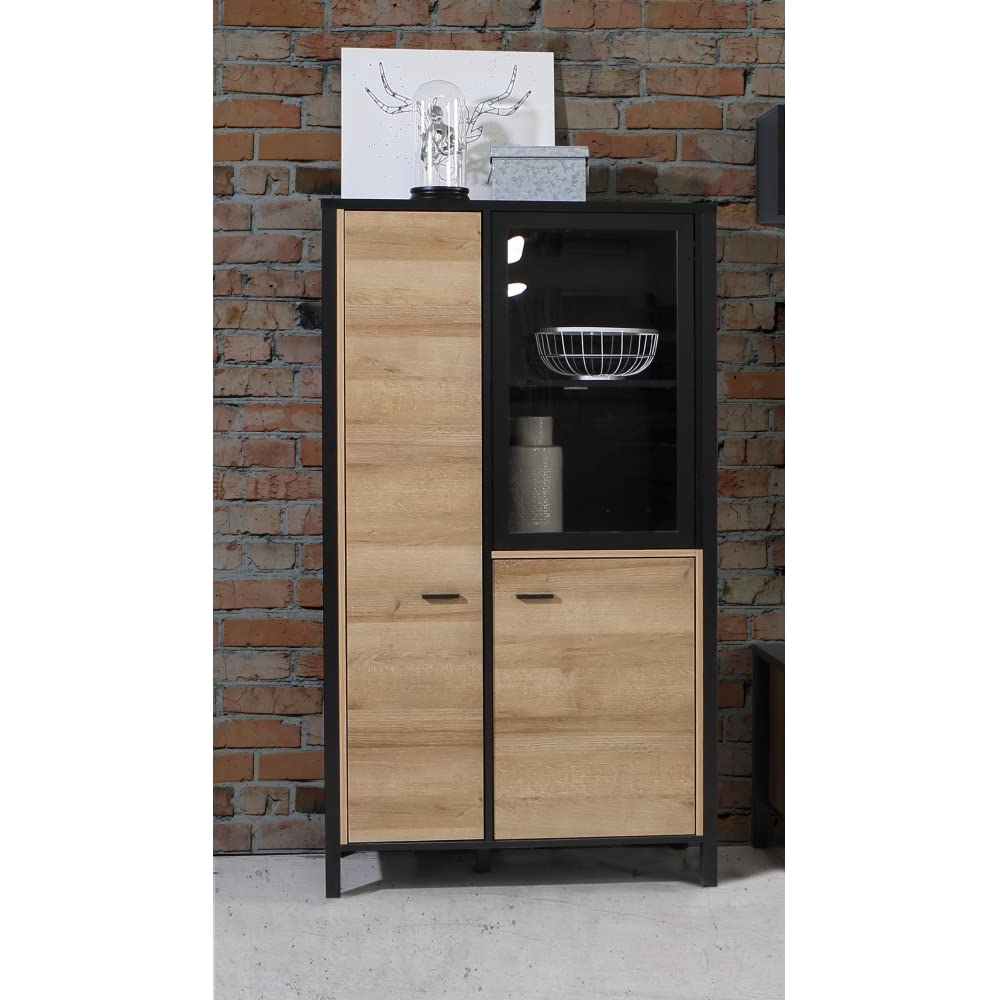 FORTE HIGH ROCK Vitrine mit 2 Türen und 1 Glastür, Holzwerkstoff, Schwarz / Riviera Eiche, 86.3 x 152.3 x 40.2 cm
