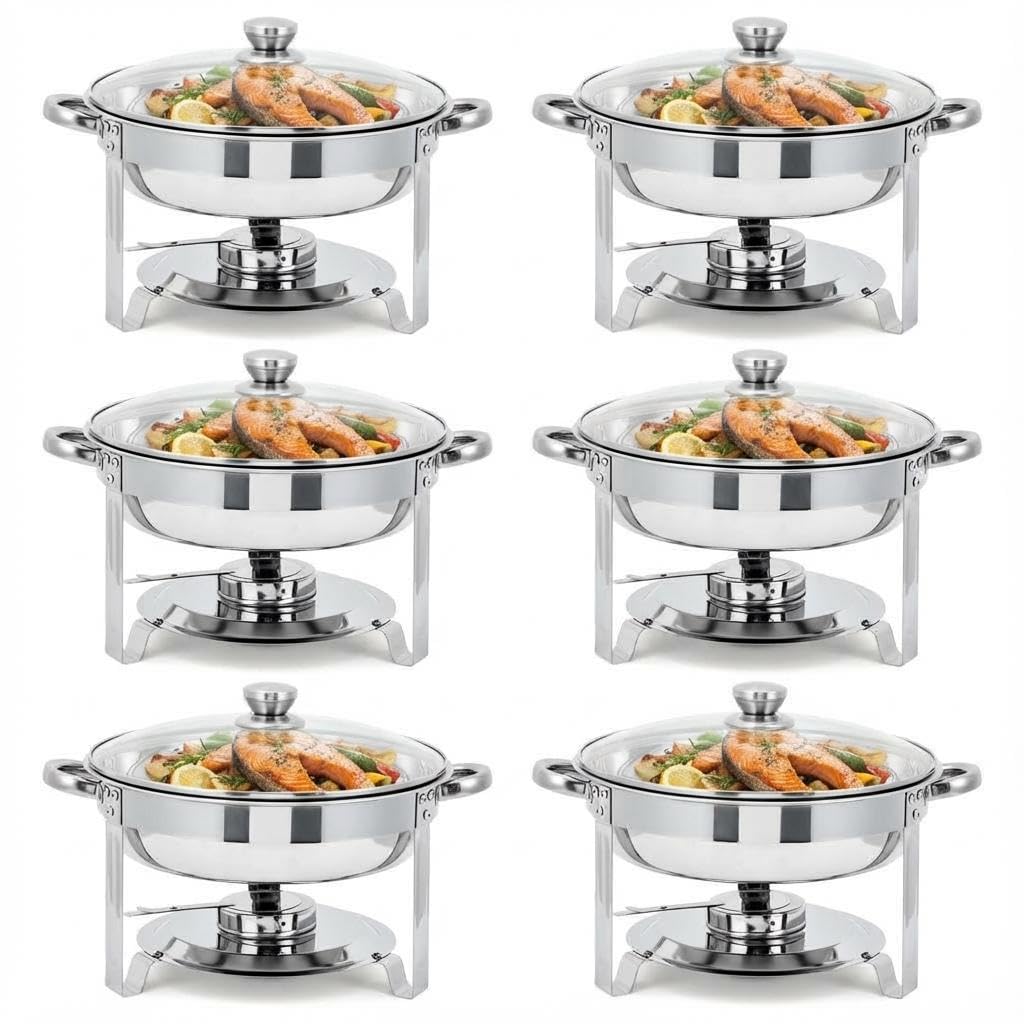 LinTimes 6PCS Round Chafing Dish Buffet Set with Glass Lid, Stackable Stainless Steel Food Warmer Buffet Server, Portable Bain Marie Catering Equipment for Parties Weddings & Events, Silver