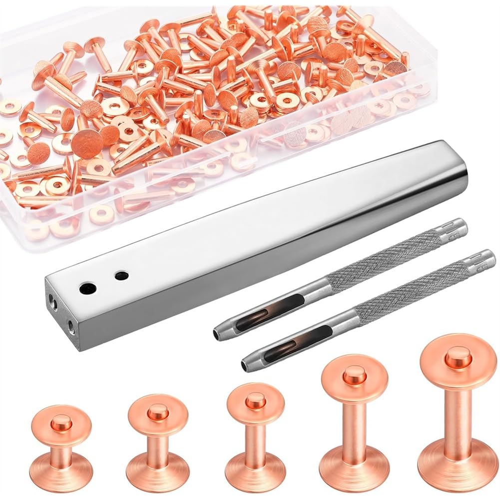 Jnchdghwa As Shown Leather Rivet Kit With Hole Punch Cutter 100 Sets Copper Rivets And Burrs 9 And 12 Burrs Setter For Belts