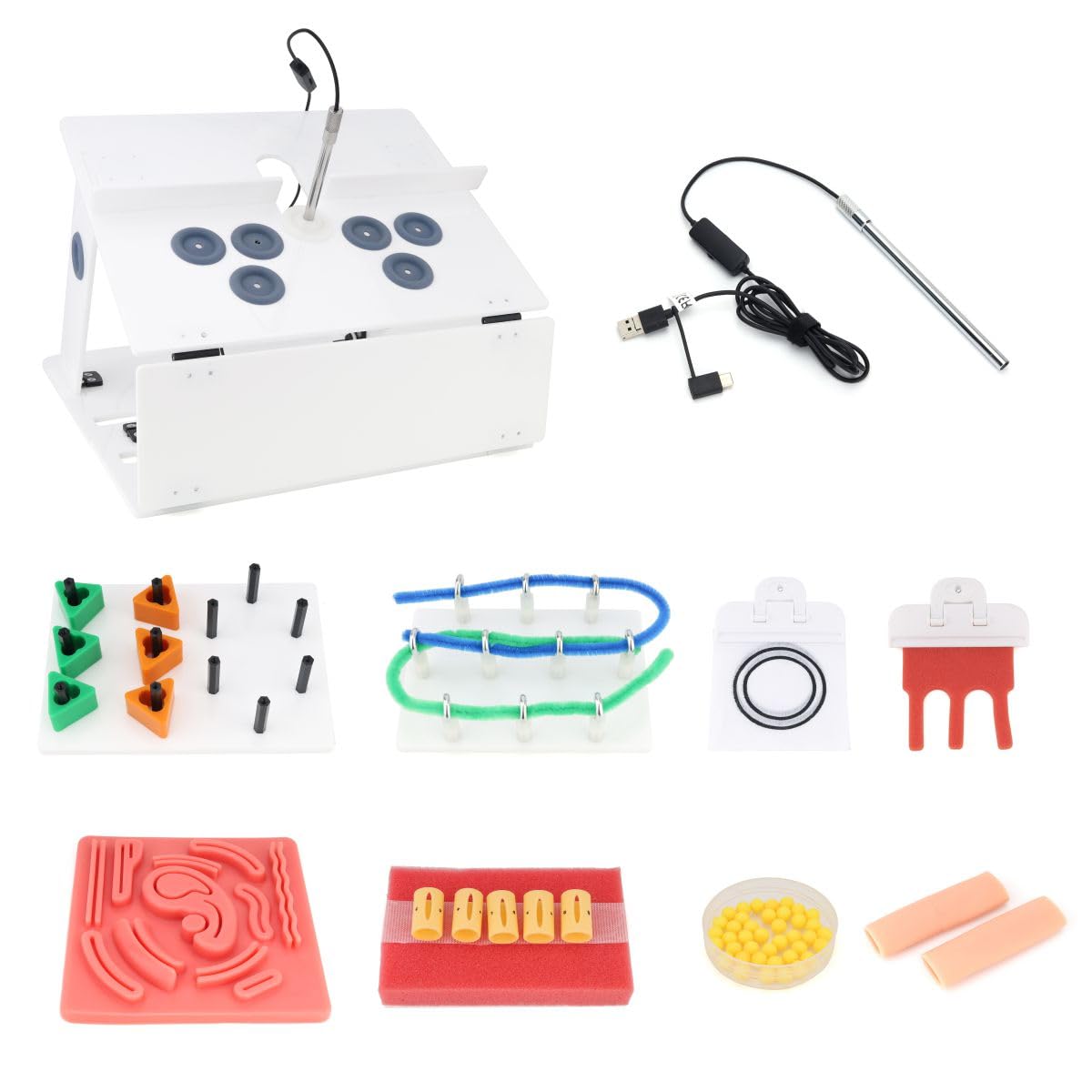 FLSSPS Full Set Laparo Trainer Simulator Training Box with HD Camera and 8 Training Modules and 4 Training Kits for Students and Resident Skill Training.