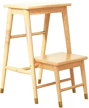 Ladder 2 Tier Folding Step Ladder, 330ibs Portable Storage Shelf, Household Wood Bedside Step Stool, Safety Rounded Edges Kitchen Stepladder, Durable ChairColor001