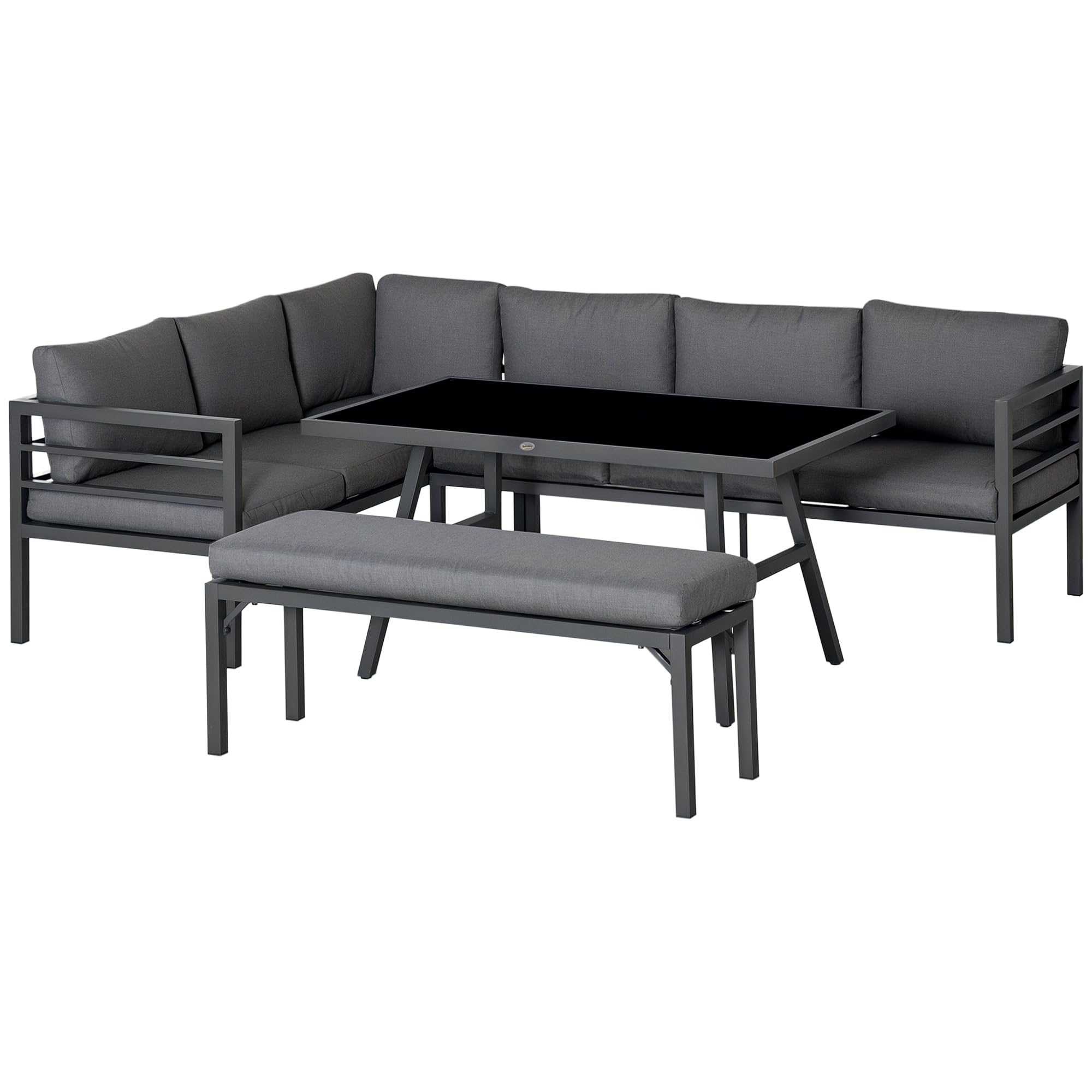 Outsunny 8-Seater Aluminium Garden Dining Set With Cushions - 2X 3-Seater Sofas, Bench & Glass Table, (84B-815V70) Grey