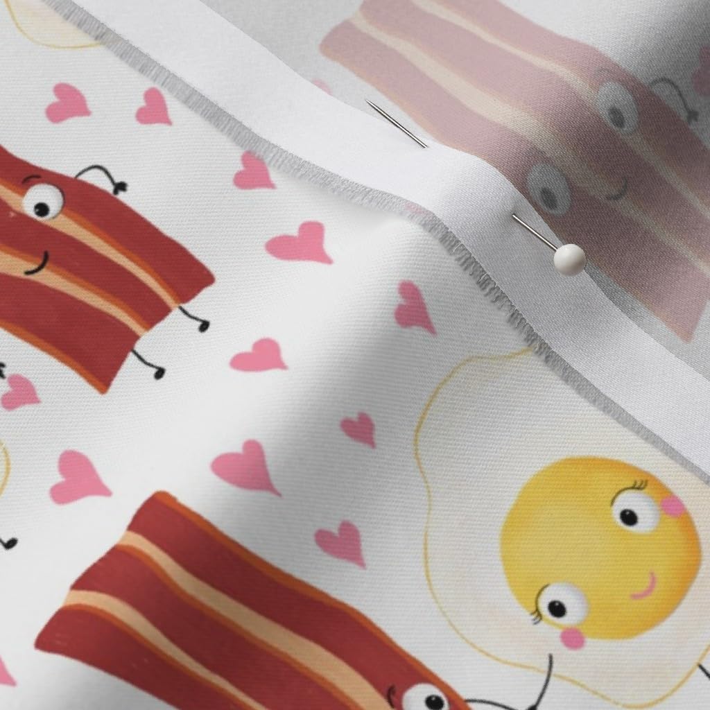 Spoonflower Fabric - Bacon Egg Funny Food Novelty Print White Smaller Scale Valentine Faces Printed on Organic Cotton Sateen Fabric by The Yard - Sewing Quilting Apparel Home Decor