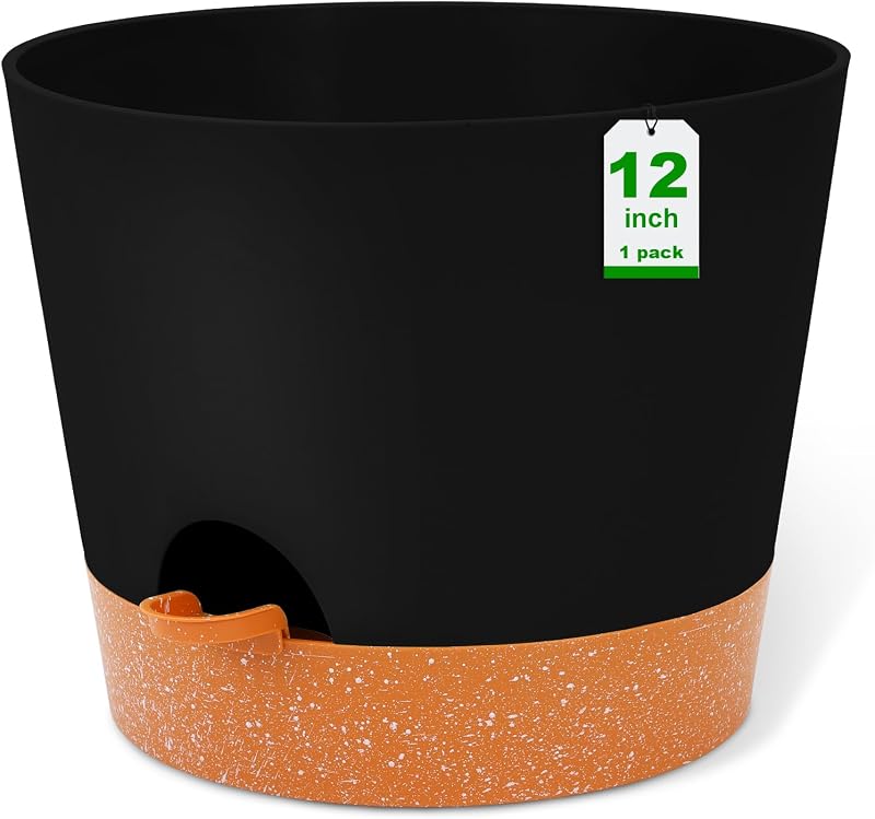 Macetas de 12.0 in, maceteros, macetas de riego automático, macetas grandes de plástico con depósito profundo y agujeros de alto drenaje para plantas y flores de interior y exterior, color negro