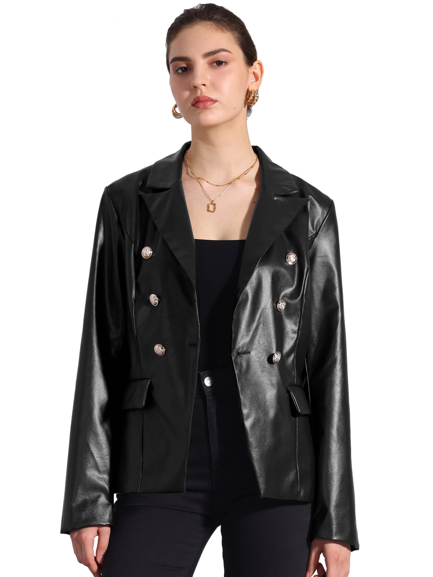 Allegra K Womens Faux PU Leather Blazers Double Breasted Motorcycle Moto Biker Jackets