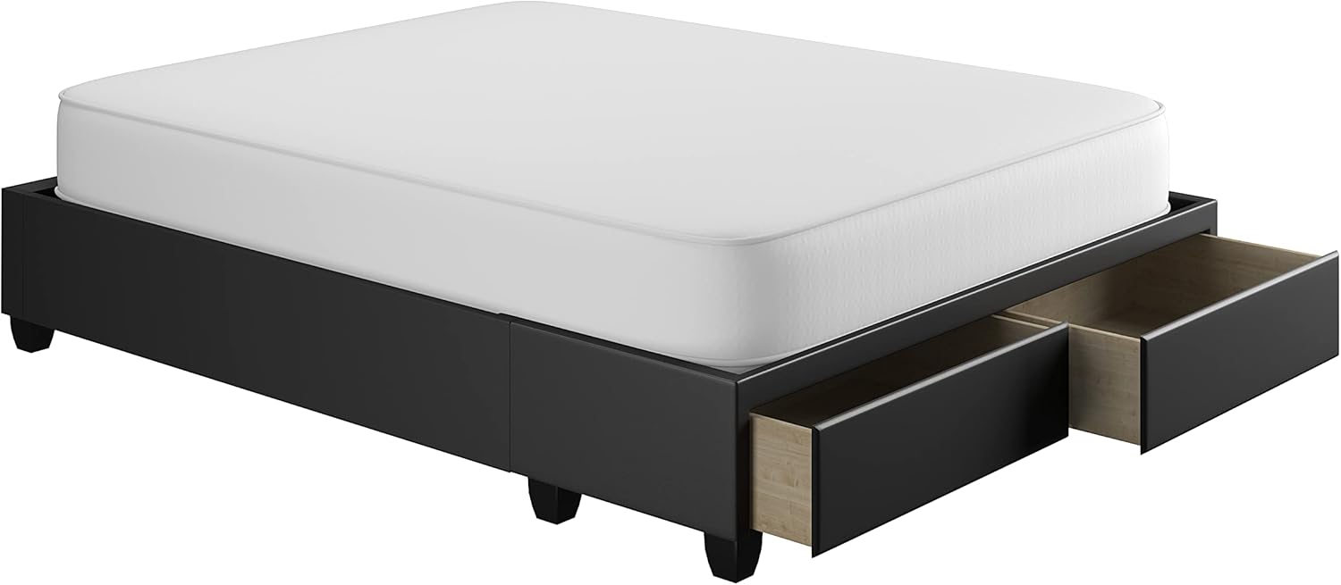 Boyd Sleep Parma Uplift Platform Bed Frame with Two Drawers and Durable Mattress Foundation No Box Spring Required: Faux Leather, Black, Queen