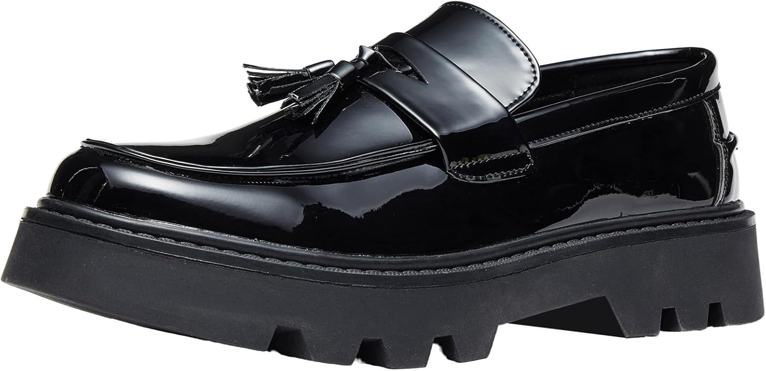 Men's Leather Platform Loafers,Fashion Tassel Platform Loafers Slip on Lug Sole Low Block Heel Business Dress Shoes Work Office Casual Shoes Black