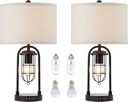 Miniatura 7 de Juego de 2 lámparas de mesa de noche de 22 pulgadas con luz nocturna, juego de lámparas de mesa USB para sala de estar (cuatro bombillas incluidas)