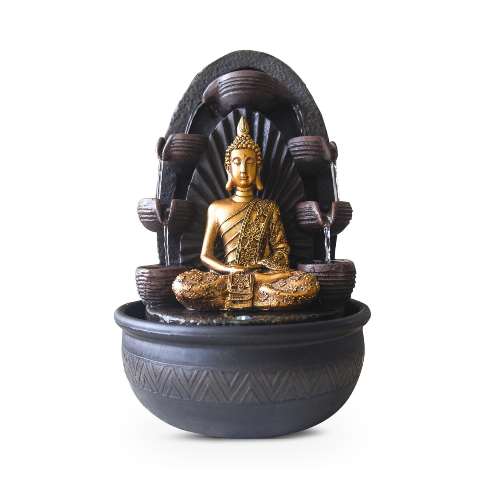 Fuente de Interior de Pared de Agua, Cascada, Jarra, Estatua de Buda extraíble, luz LED Colorida, Gran decoración de Mesa, Oficina, salón, Fuente de Felicidad, Circuito Cerrado, 40 cm de Altura –