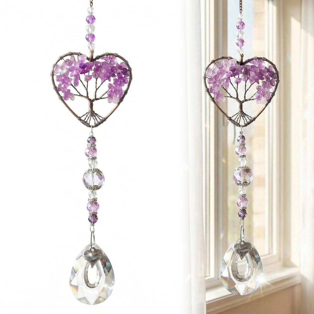 1PC Purple Tree of Life Glass Suncatcher Heart Window Prism Hanging Light Reflector With Copper Wire Wrapped Faux Stones Teardrop Pendant For Home Office Garden Decor Housewarming Gift Room Ornament