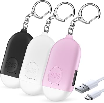 Personal Safety Alarm - 3-Pack - Rechargeable - Strobe LED Flashlight - SOS Emergency Loud Alarm - Self-Defense Keychain - for Women, Students, Kids, and Seniors White, Pink, and Black
