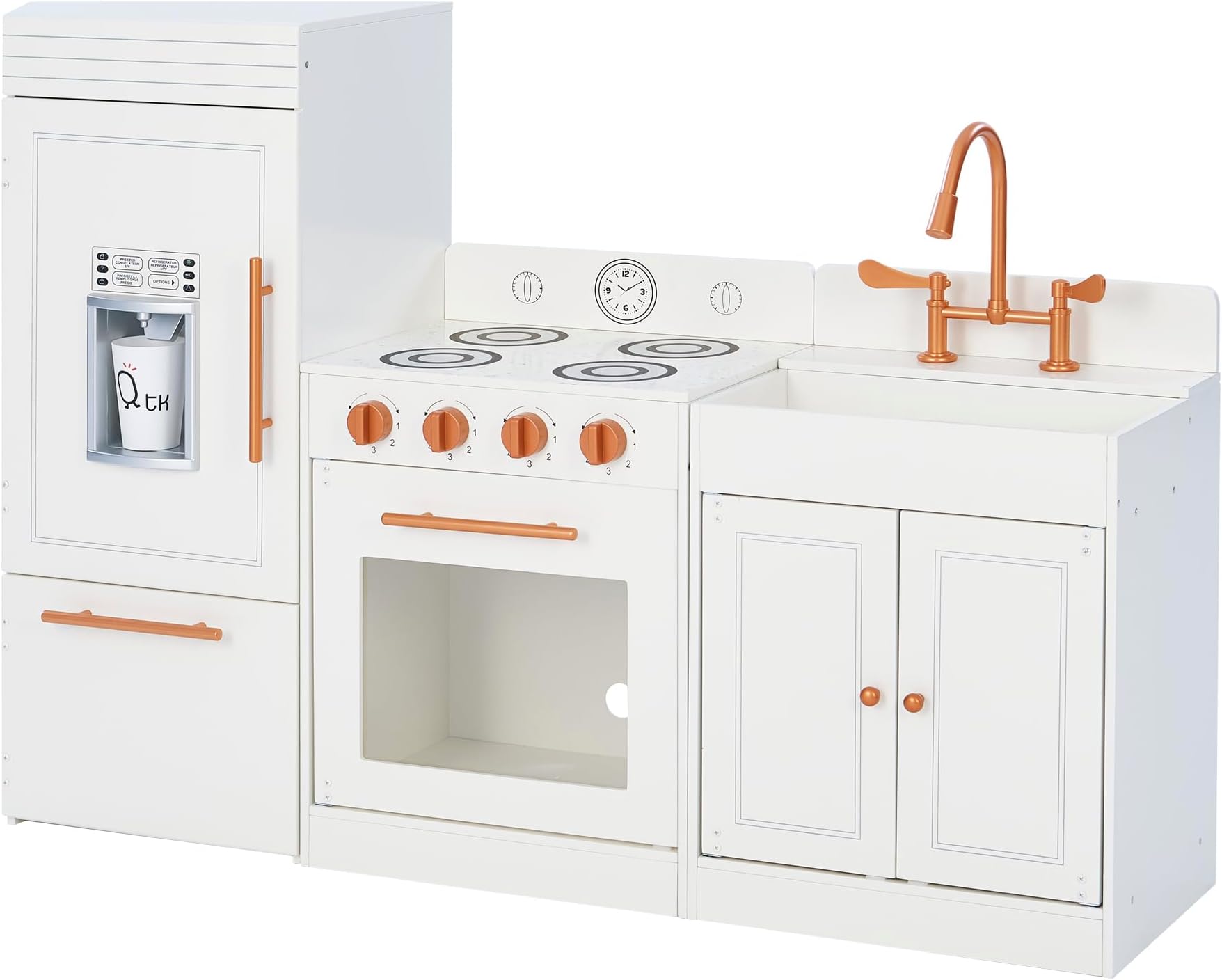 Little Chef Paris Modular Contemporary Interactive Wooden Play Kitchen with Refrigerator, Oven, Sink, and Storage Space for Easy Clean Up, White with Rose Gold Finishes