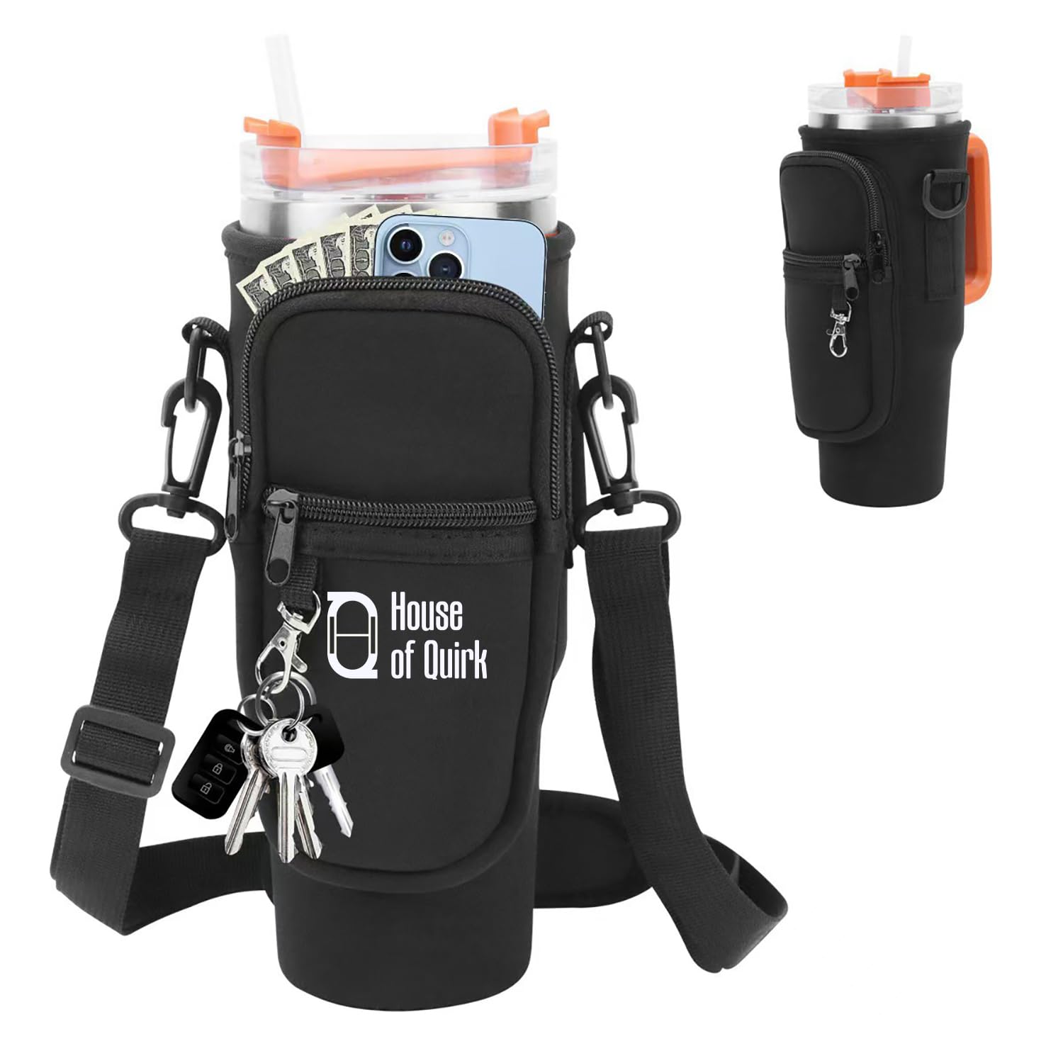 House of Quirk Water Bottle Carrier Bag with Phone Pocket for Stanley 40/30 oz Tumbler Neoprene Water Bottle Holder Pouch with Adjustable Strap (Black)-image-13
