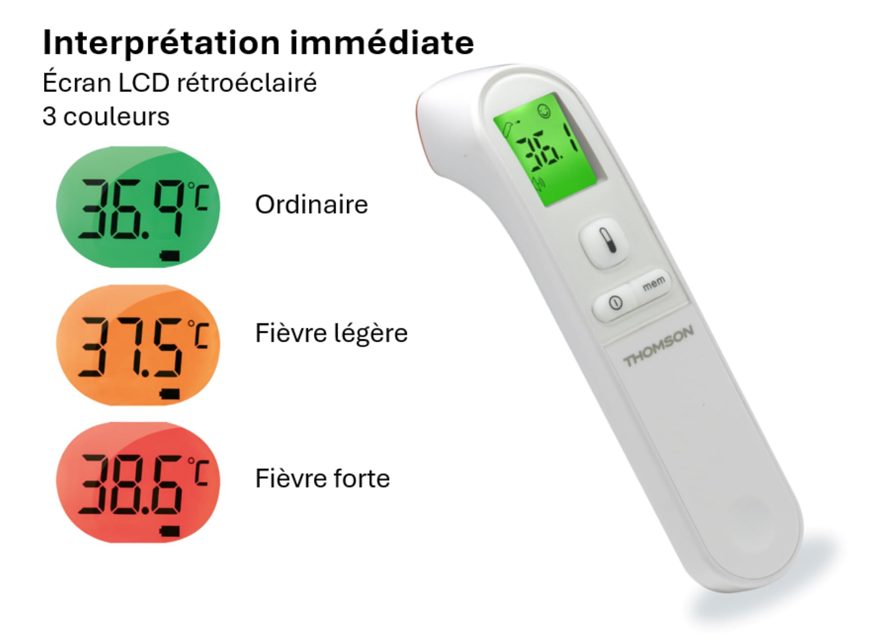 THOMSON Thermo FH2 - Thermomètre sans Contact – Instantané, Précis – Mode Objet et Corporel - Alarme de Fièvre, 3 Couleurs - Écran LCD Rétro-Éclairé pour Mesures de Nuit