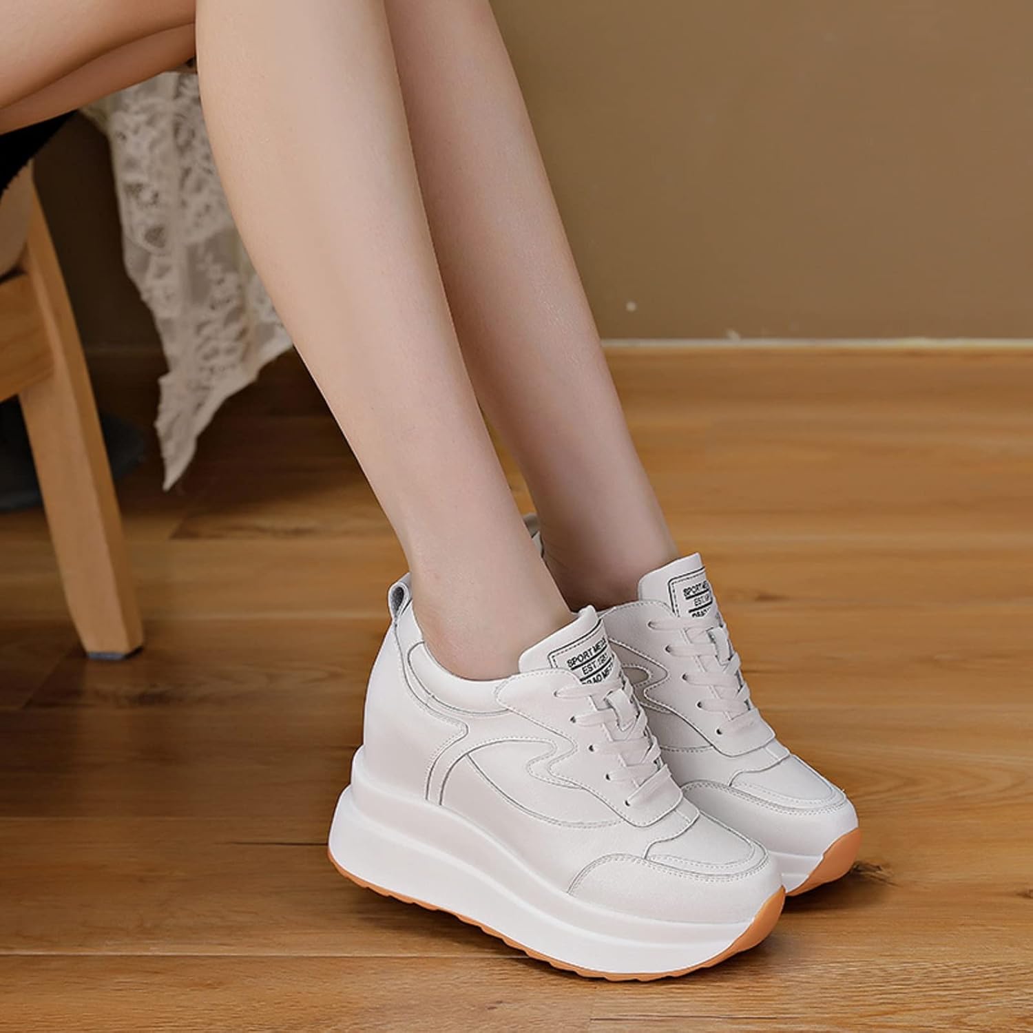 AONEGOLD Platform Sneakers with High Hidden Heel, Wedge Sneakers, Leather Upper, Fashion Lace-ups, Increasing 3.94 inches - Image 3