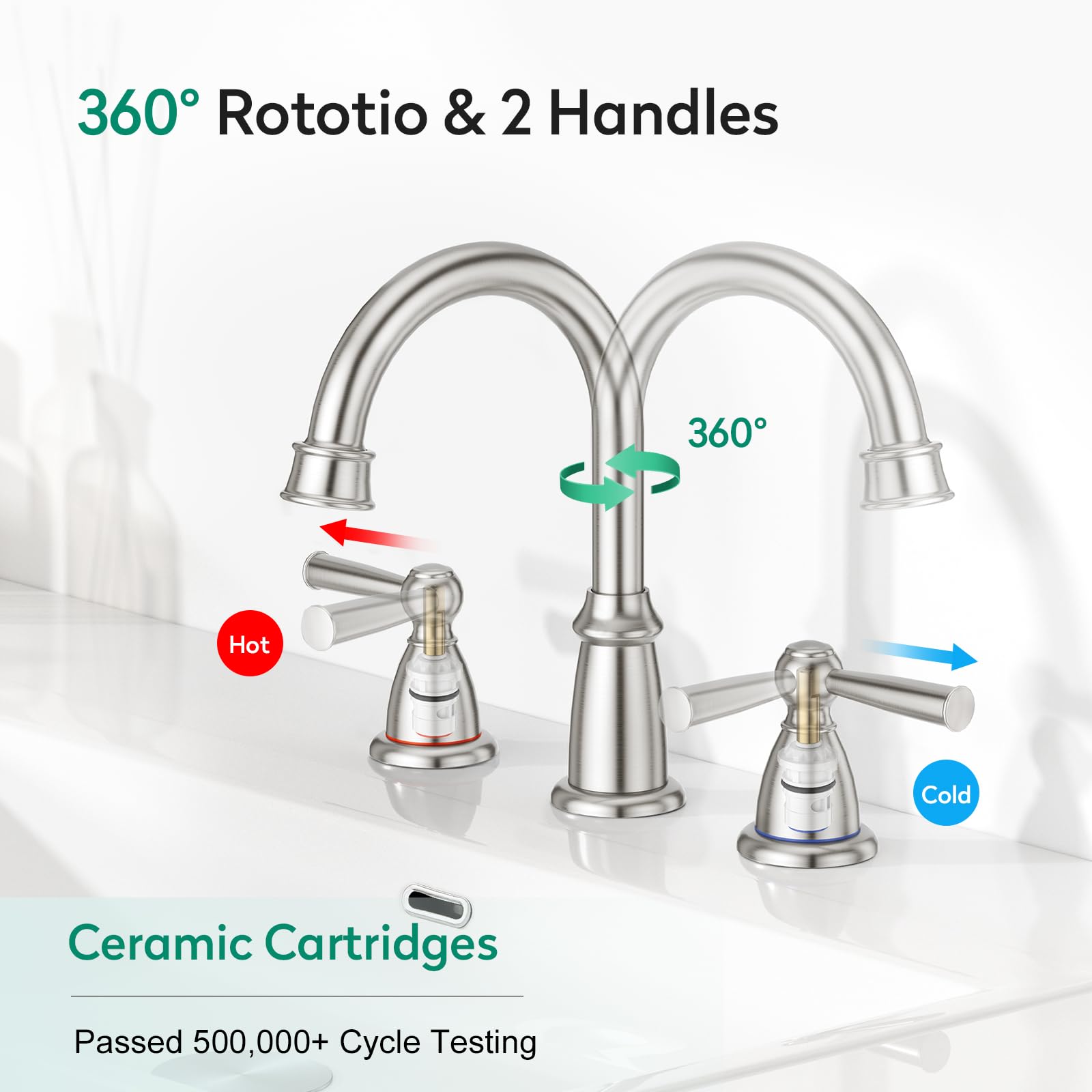 CREA Rubinetto da bagno a 2 maniglie a 3 fori, rubinetti da bagno diffusi da 20 cm con scarico pop-up per troppopieno del lavandino, 3 pezzi rubinetto in nichel spazzolato per rubinetto miscelatore