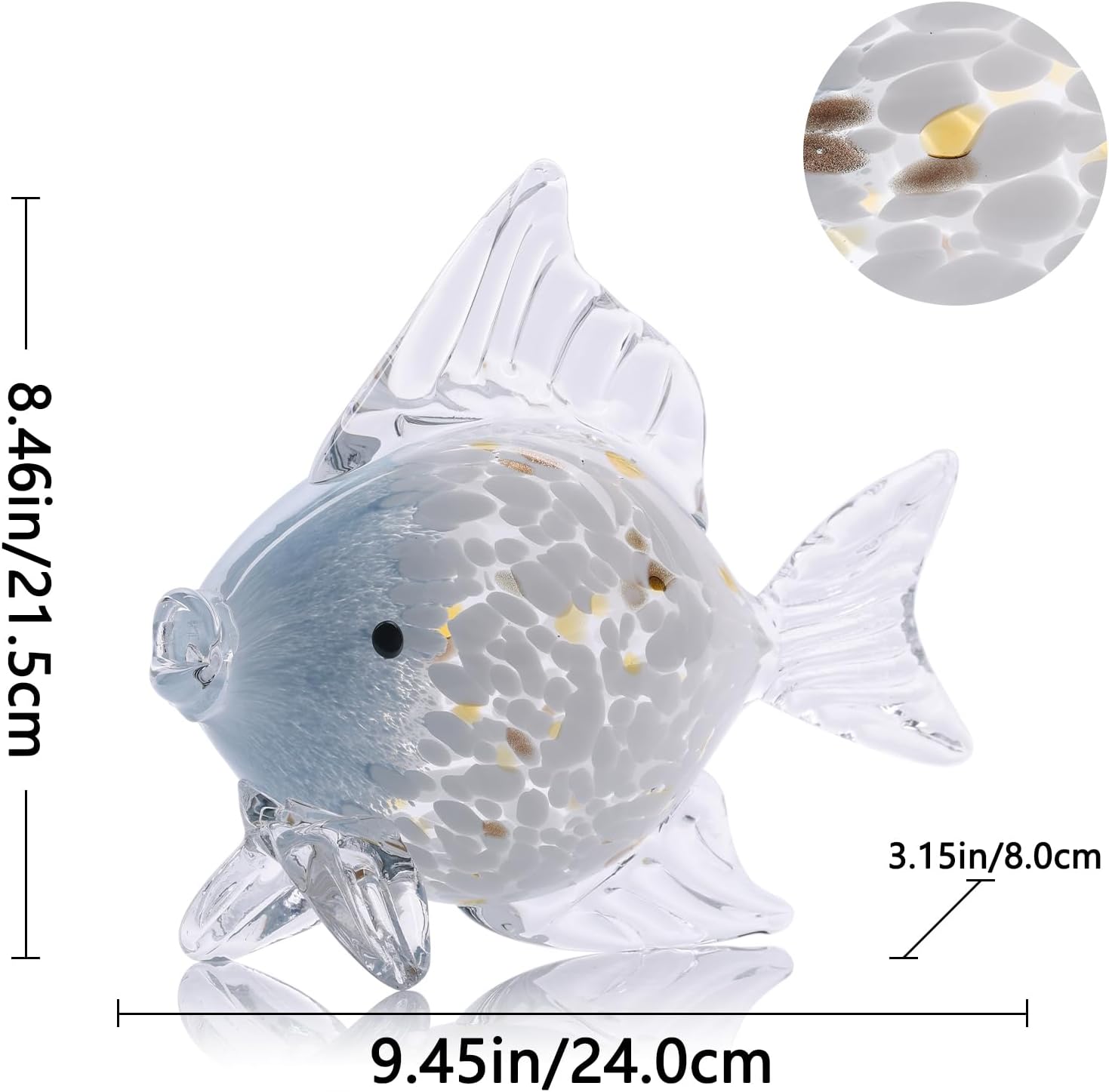 Large Hand Blown Glass Fish Figurines, Aquarium Sea Glass Art, Blue White Fish Statue Sculpture Modern Coastal Accent - for Beach Knick Knacks, Coffee Tables, Nautical Offices Centerpiece