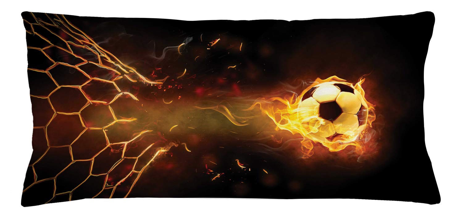 Lunarable Sports Throw Pillow Cushion Cover, Burning Football Breaking Through The Net Goal Win Victory Theme on Dark Backdrop, Decorative Rectangle Accent Pillow Case, 36