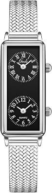 Gosasa Womens Vintage Rectangle Watch Dual Time Zone Waterproof Ladies Quartz Analog Wristwatch with Two Dials, Roman & Arabic Numerals, Leather Strap for Travel & Business (Silver Black)