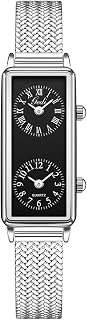 Gosasa Women’s Vintage Rectangle Watch Dual Time Zone Waterproof Ladies Quartz Analog Wristwatch with Two Dials, Roman & Arabic Numerals, Leather Strap for Travel & Business (Silver Black)