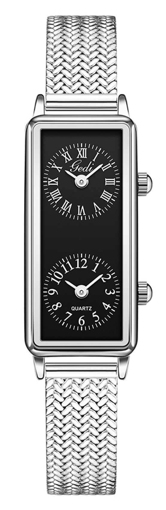 Gosasa Women’s Vintage Rectangle Watch Dual Time Zone Waterproof Ladies Quartz Analog Wristwatch with Two Dials, Roman & Arabic Numerals, Leather Strap for Travel & Business (Silver Black) by Gosasa - Used condition - US$24.58
