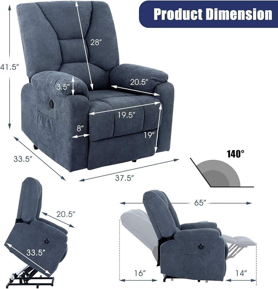 Power Lift Recliner Chair for Elderly, Electric Massage Recliner with Heat and Vibration, Oversized Living Room Chair with USB Charging Port, Cup Holders, Side Pockets, Remote Control
