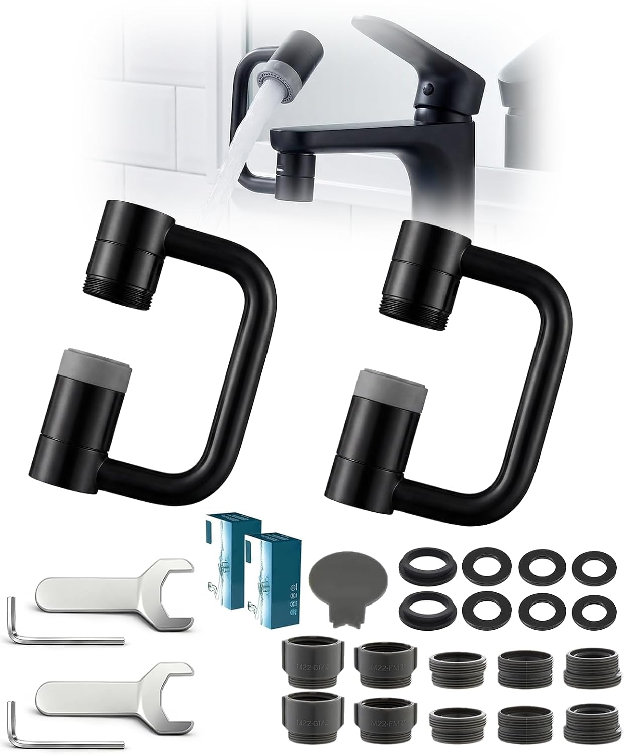 2 Pcs 1440° Rotatable Faucet Aerator Extension, U Shaped Shape Universal 360° Rotating Sink Faucet Extender for Kitchen & Bathroom 2 Modes Adjustable Black