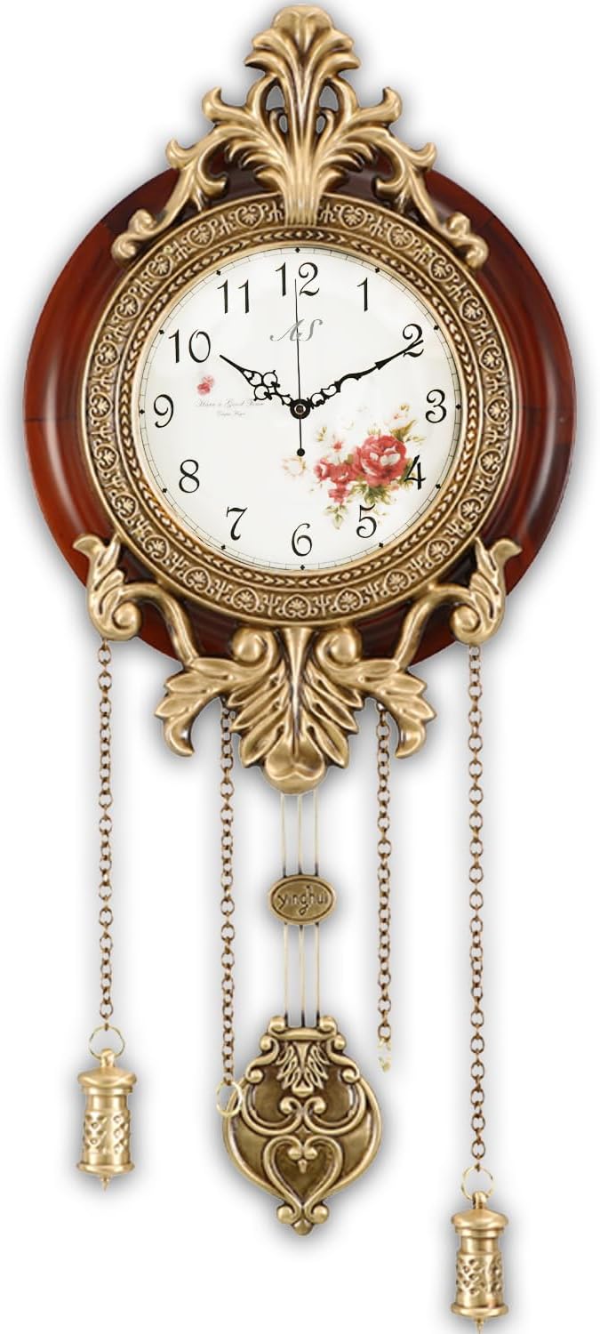 Aero Snail Wall Clock with Swinging Pendulum, Vintage Retro Style, Solid Wood Metal Art Workmanship, Imported Mechanism, Silent Non Ticking for Home Living Bedroom Kitchen, W205C