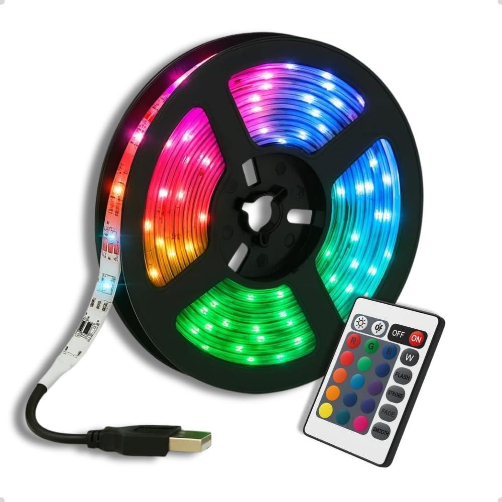 Fita LED RGB com Controle Remoto, Iluminação Ambiente Multicolorida, USB, Adesivo Forte, Milhares de Cores e Modos de Luz para Decoração (FitaLed.2Metros) - FitaLed.2Metros