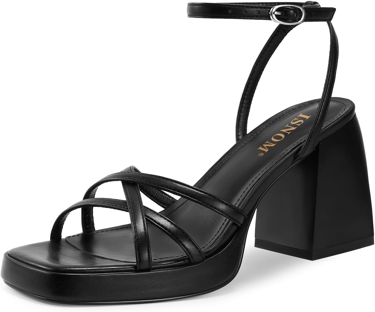 ISNOM Platform Block Heels Women Comfortable Strappy Heels Short Block Chunky Sandals Ankle Strap Simple Summer Heeled Sandals Square Toe