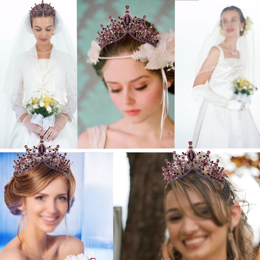 Corona Barocco, Tiara Corona Di Cristallo Con Strass, Diadema Con Strass per Matrimoni, Feste Da Ballo, Concorsi Bellezza, Feste Compleanno (Antico Rosso Rame Viola)