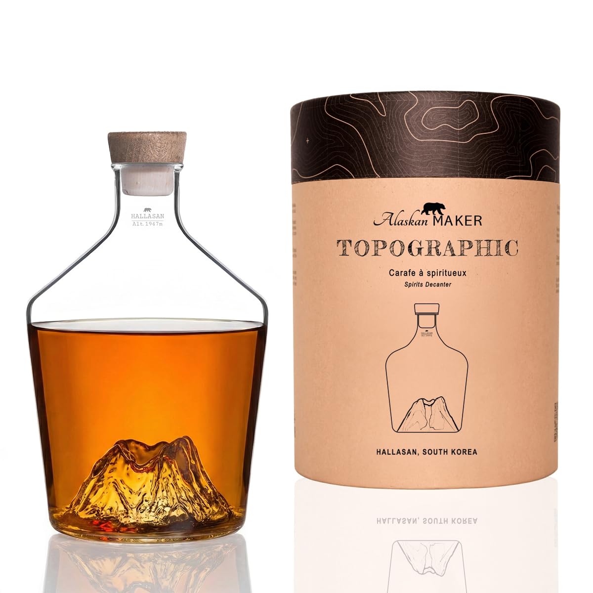 Jarra para licores 1,2L – Vidrio borosilicato soplado artesanalmente con montaña en relieve 3D | Tapón de madera y corcho, diseño premium | TOPOGRAPHIC (Hallasan)