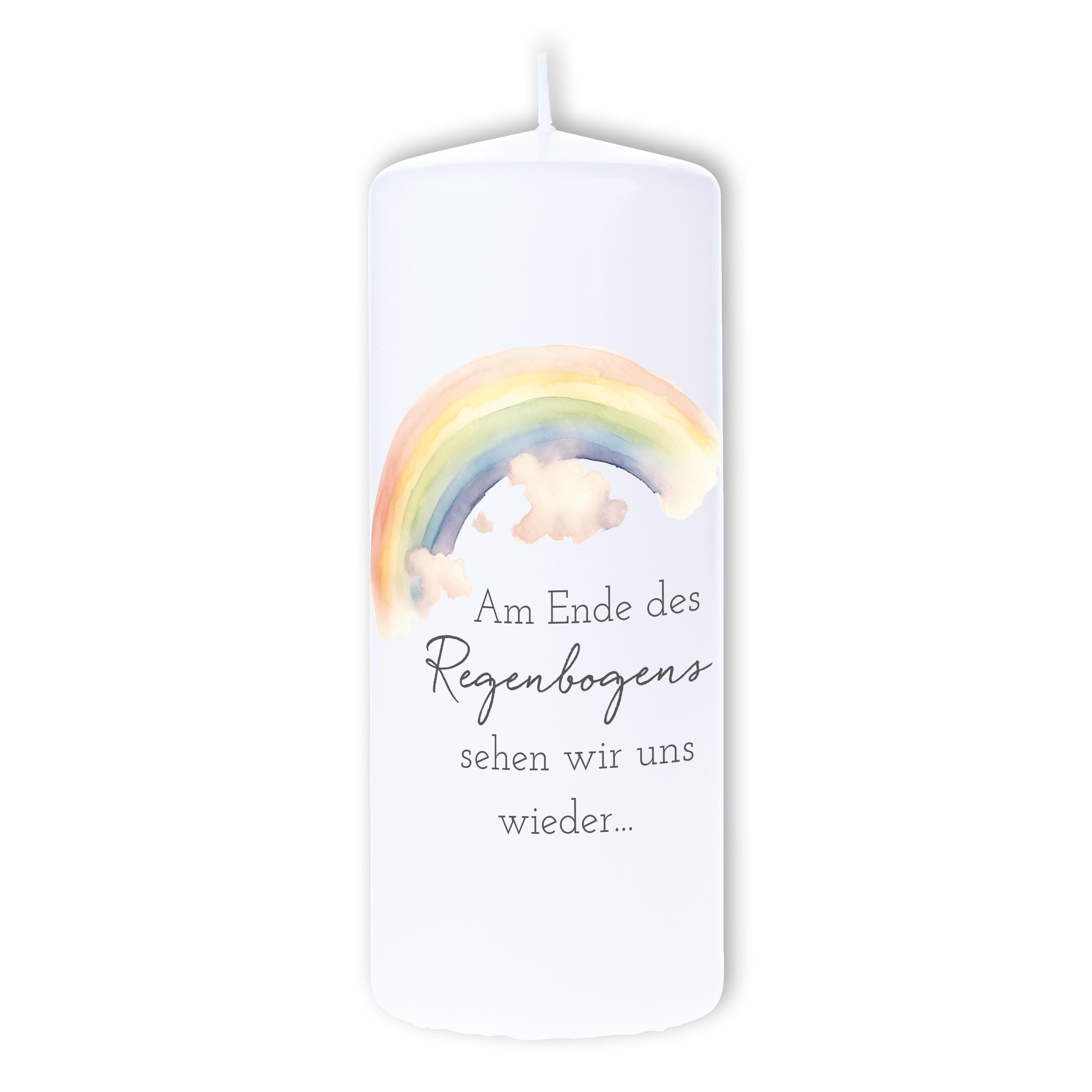 Trauerkerze 20cm mit Spruch "Am Ende des Regenbogens" | Liebevolles Symbol des Trostes, Made in Germany, 120 Std. Brenndauer
