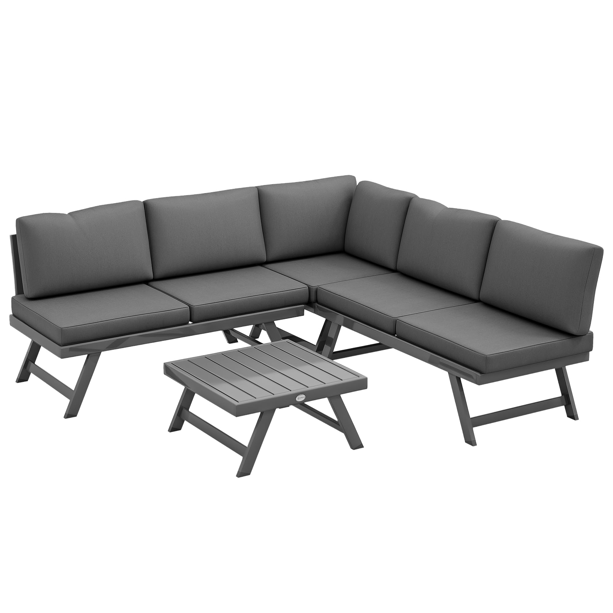 Outsunny Salon de Jardin Extérieur d'angle Convertible 4 Pièces Gris | 2 Banquettes, 1 Fauteuil, 1 Table Basse, Mobilier Aluminium et Acier, Terrasse Balcon